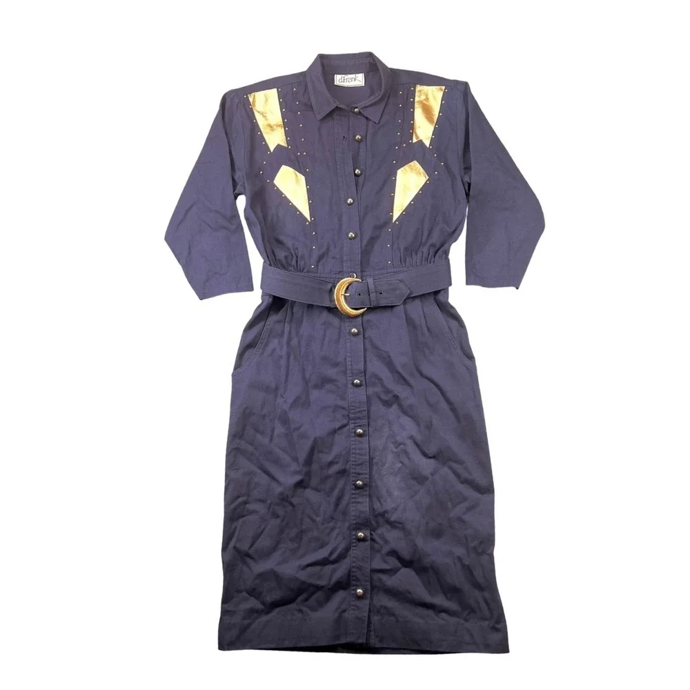 Vintage d.Frank Navy Blue Western Studded Gold Metallic Belted Midi Dress Womens